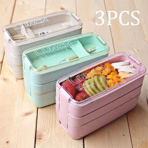 900ml Portable Healthy Material Lunch Box 3 Layer Wheat Straw Bento Boxes Microwave Dinnerware Food Storage Container Foodbox