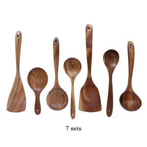 Thailand Teak Natural Wood Tableware Spoon Ladle Turner Long Rice Colander Soup Skimmer Cooking Spoons Scoop Kitchen Tool Set